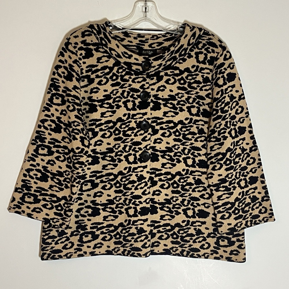 Peck & Peck Sweater Womens Large Tan Leopard Cardigan Cheetah Button Front Boho